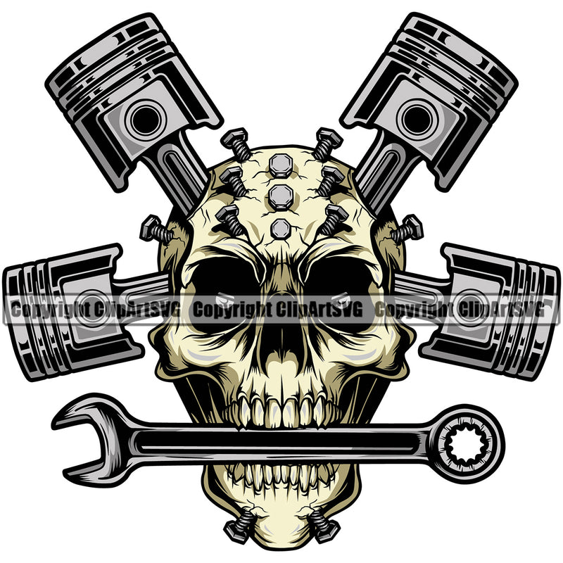 Products Skull Head Wrench On Mouth Piston Color Design Element Mechanic Engine Auto Repair Automotive Service Car Truck Motorcycle Technician Garage Shop Vehicle Company Business Logo Clipart SVG