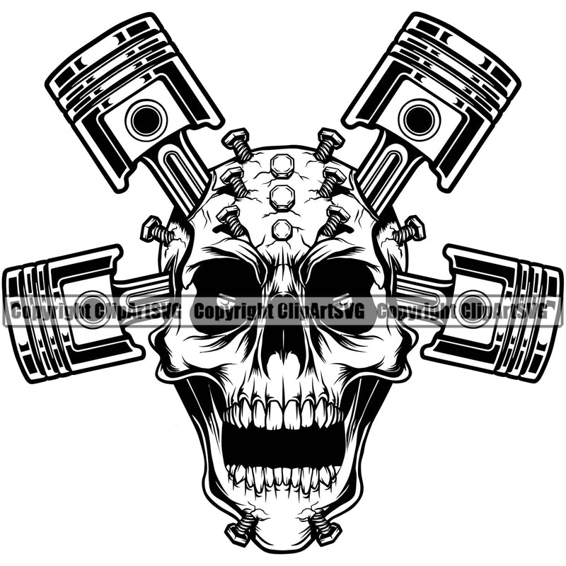 Skull Skeleton Engine Head Mechanic Bolt Nut Design Element Auto Repair Automotive Service Car Truck Motorcycle Technician Garage Shop Vehicle Maintenance Company Business Logo Clipart SVG