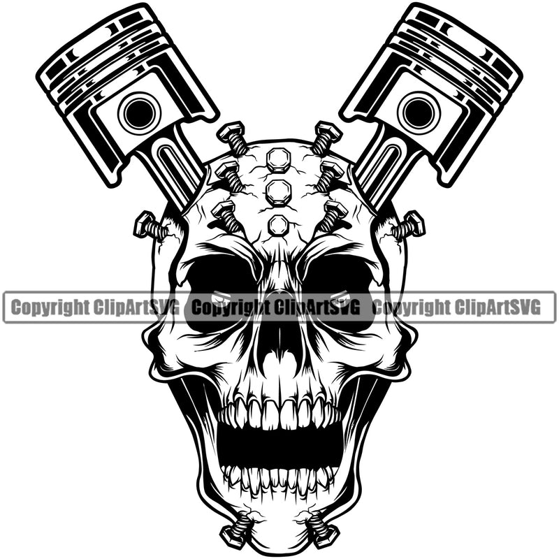 Skull Skeleton Head Wrench Piston Nut Bolt Vector Design Element Mechanic Engine Auto Repair Automotive Service Car Truck Motorcycle Technician Garage Shop Vehicle Maintenance Company Business Logo Clipart SVG