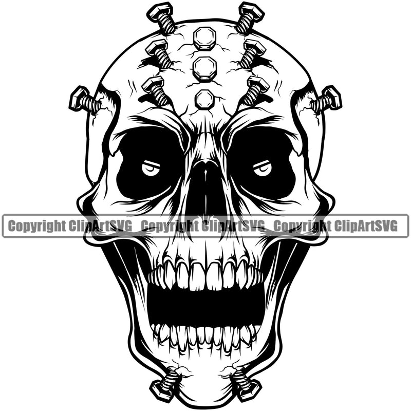 Skull Skeleton Open Mouth Nut Bolt On Head Mechanic Engine Auto Repair Automotive Service Car Truck Motorcycle Technician Garage Shop Vehicle Maintenance Company Business Logo Clipart SVG