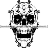 Skull Skeleton Open Mouth Nut Bolt On Head Mechanic Engine Auto Repair Automotive Service Car Truck Motorcycle Technician Garage Shop Vehicle Maintenance Company Business Logo Clipart SVG