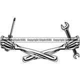 Skull Skeleton Crossed Hand Holding Wrench And Screwdriver Mechanic Engine Auto Repair Automotive Service Car Truck Motorcycle Technician Garage Shop Vehicle Maintenance Design Element Company Business Logo Clipart SVG