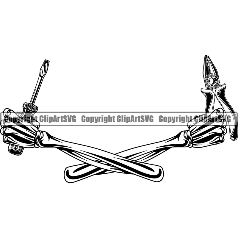 Skull Skeleton Crossed Arms Holding Screwdriver Plus Design Element Mechanic Engine Auto Repair Automotive Service Car Truck Motorcycle Technician Garage Vehicle Maintenance Company Business Logo Clipart SVG