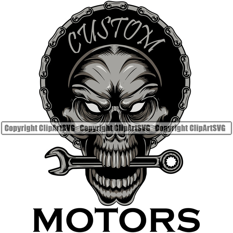 Custom Motors Quote Skull Skeleton Chain Head Mechanic Engine Auto Repair Automotive Service Car Truck Motorcycle Technician Garage Shop Vehicle Maintenance Design Element Company Business Logo Clipart SVG