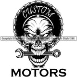 Custom Motors Quote Wrench On Skull Skeleton Mouth Mechanic Engine Auto Repair Automotive Service Car Truck Motorcycle Technician Garage Shop Vehicle Maintenance Design Element Company Business Logo Clipart SVG