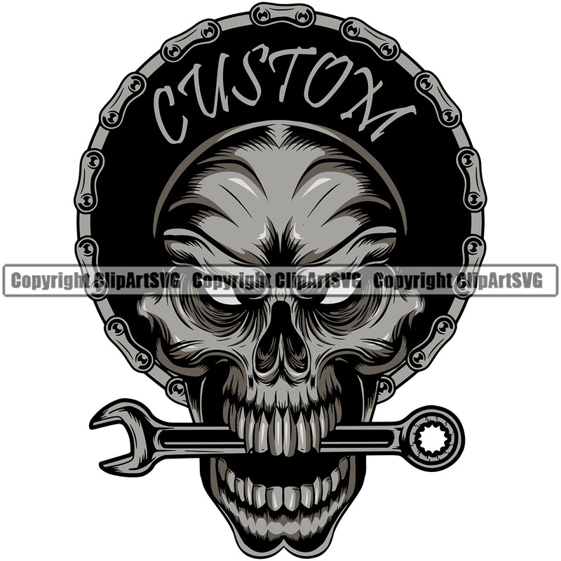 Custom Quote Wrench On Skull Mouth Vector Design Element Mechanic Engine Auto Repair Automotive Service Car Truck Motorcycle Technician Garage Shop Vehicle Maintenance Company Business Logo Clipart SVG