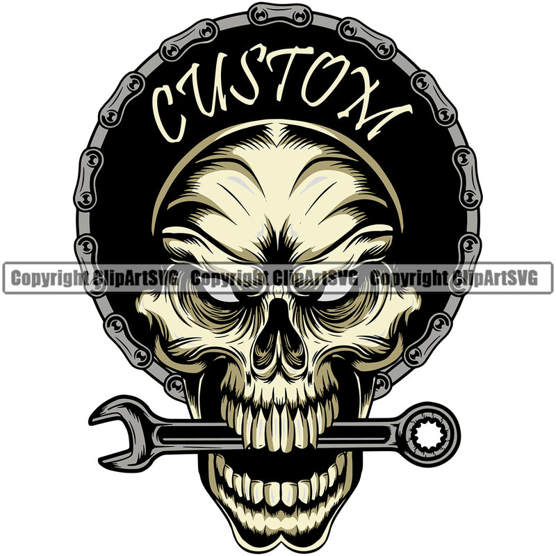 Custom Quote Wrench On Skull Mouth Color Vector Design Element Mechanic Engine Auto Repair Automotive Service Car Truck Motorcycle Technician Garage Shop Vehicle Maintenance Company Business Logo Clipart SVG