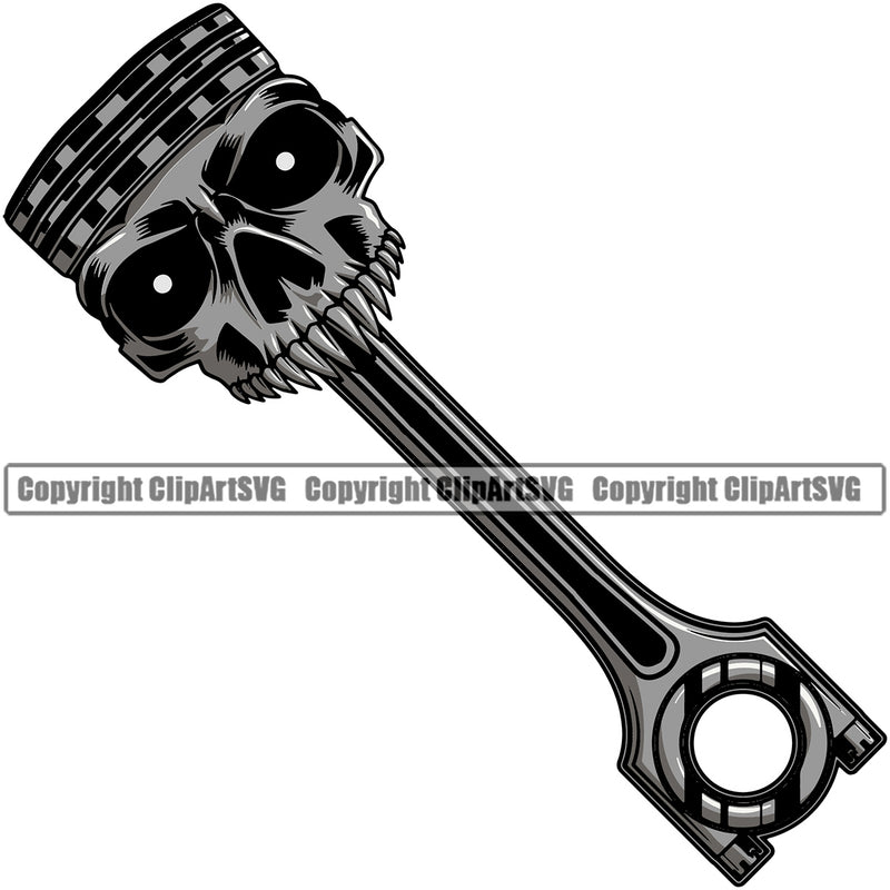 Piston Head Skull Skeleton Design Element White Background Mechanic Engine Auto Repair Automotive Service Car Truck Motorcycle Technician Garage Shop Vehicle Maintenance Company Business Logo Clipart SVG