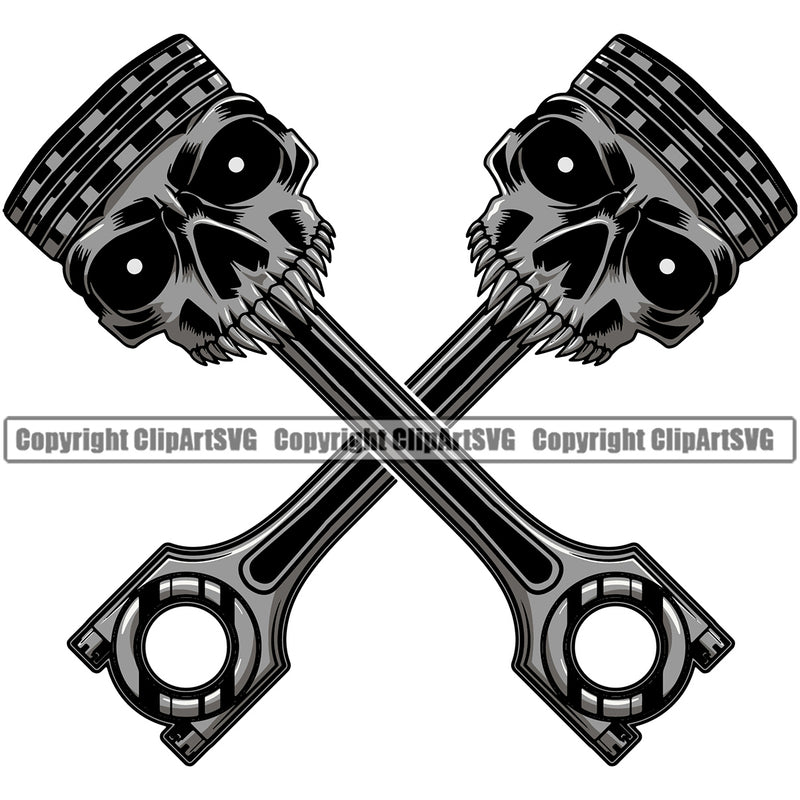 Skull Skeleton Piston Head Crossed Design Element Mechanic Engine Auto Repair Automotive Service Car Truck Motorcycle Technician Garage Shop Vehicle Maintenance Company Business Logo Clipart SVG