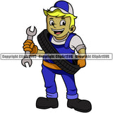 Mechanic Cartoon Character Holding Wrench Wearing Tires Scientist Engine Auto Repair Automotive Service Car Truck Motorcycle Technician Garage Shop Vehicle Maintenance Design Element Company Business Logo Clipart SVG