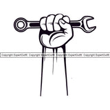 Mechanic Hand Holding Wrench Vector White Background Engine Auto Repair Automotive Service Car Truck Motorcycle Technician Garage Shop Vehicle Maintenance Company Business Logo Clipart SVG