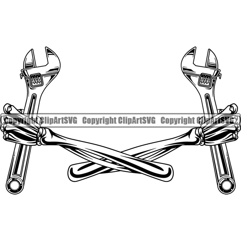 Skull Skeleton Hand Holding Wrench Vector Design Element Mechanic Engine Auto Repair Automotive Service Car Truck Motorcycle Technician Garage Shop Vehicle Maintenance Company Business Logo Clipart SVG