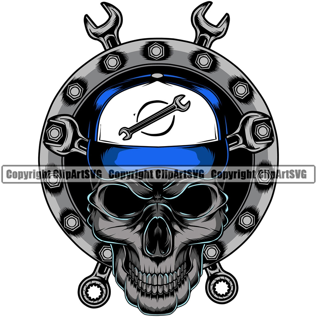 Skull Skeleton Head Wrench Crossed Vector Design Element Mechanic Engine Auto Repair Automotive Service Car Truck Motorcycle Technician Garage Shop Vehicle Maintenance Company Business Logo Clipart SVG