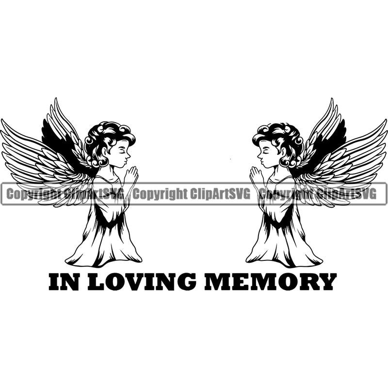 In Loving Memory Quote Angle Girl Praying Vector Wings Mortuary Science Funeral Burial Service Die Pass Away Cremate Cremation Death Morgue Autopsy Dead Body Corpse Cadaver Health Horror Design Logo Clipart SVG