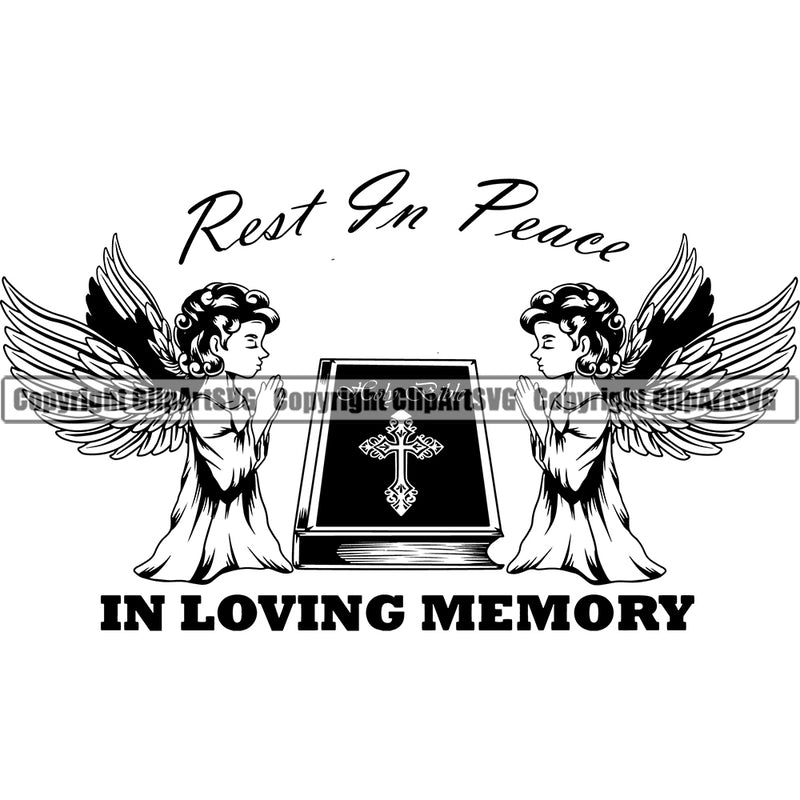 Rest In Peace In Loving Memory Quote Mortuary Angle Praying On Bible Science Funeral Burial Service Die Pass Away Cremate Cremation Death Morgue Autopsy Dead Body Corpse Cadaver Health Horror Design Logo Clipart SVG