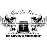 Rest In Peace In Loving Memory Quote Mortuary Angle Praying On Bible Science Funeral Burial Service Die Pass Away Cremate Cremation Death Morgue Autopsy Dead Body Corpse Cadaver Health Horror Design Logo Clipart SVG