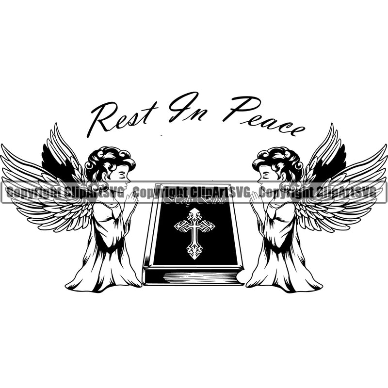 Rest In Peace Quote Mortuary Angle Praying On Bible With Wings Science Funeral Burial Service Die Pass Away Cremate Cremation Death Morgue Autopsy Dead Body Corpse Cadaver Health Horror Design Logo Clipart SVG