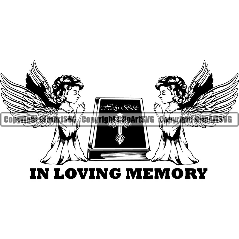 In Loving Memory Quote Mortuary Angle Sitting Bible With Wings Science Funeral Burial Service Die Pass Away Cremate Cremation Death Morgue Autopsy Dead Body Corpse Cadaver Health Horror Design Logo Clipart SVG