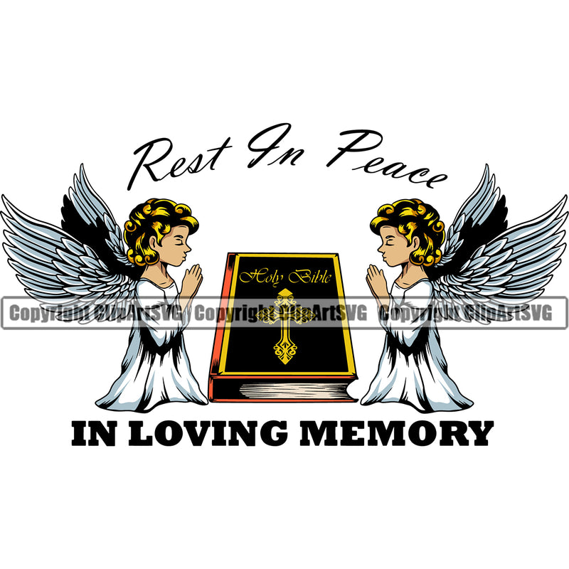 Rest In Peace In Loving Memory Quote Mortuary Angle Praying Bible Holding Flower Science Funeral Burial Service Die Pass Away Cremate Cremation Death Morgue Autopsy Dead Body Corpse Cadaver Health Design Logo Clipart SVG