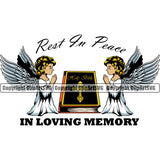 Rest In Peace In Loving Memory Quote Mortuary Angle Praying Bible Holding Flower Science Funeral Burial Service Die Pass Away Cremate Cremation Death Morgue Autopsy Dead Body Corpse Cadaver Health Design Logo Clipart SVG