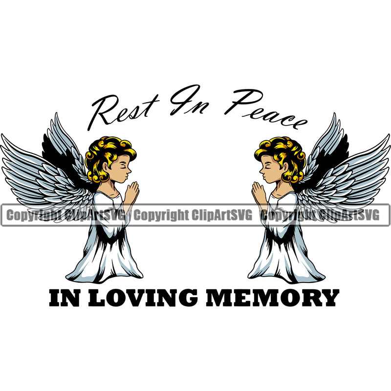 Rest In Peace In Loving Memory Quote Mortuary Angle Praying Wings Color Vector Science Funeral Burial Service Die Pass Away Cremate Cremation Death Morgue Autopsy Dead Body Corpse Cadaver Health Horror Design Logo Clipart SVG