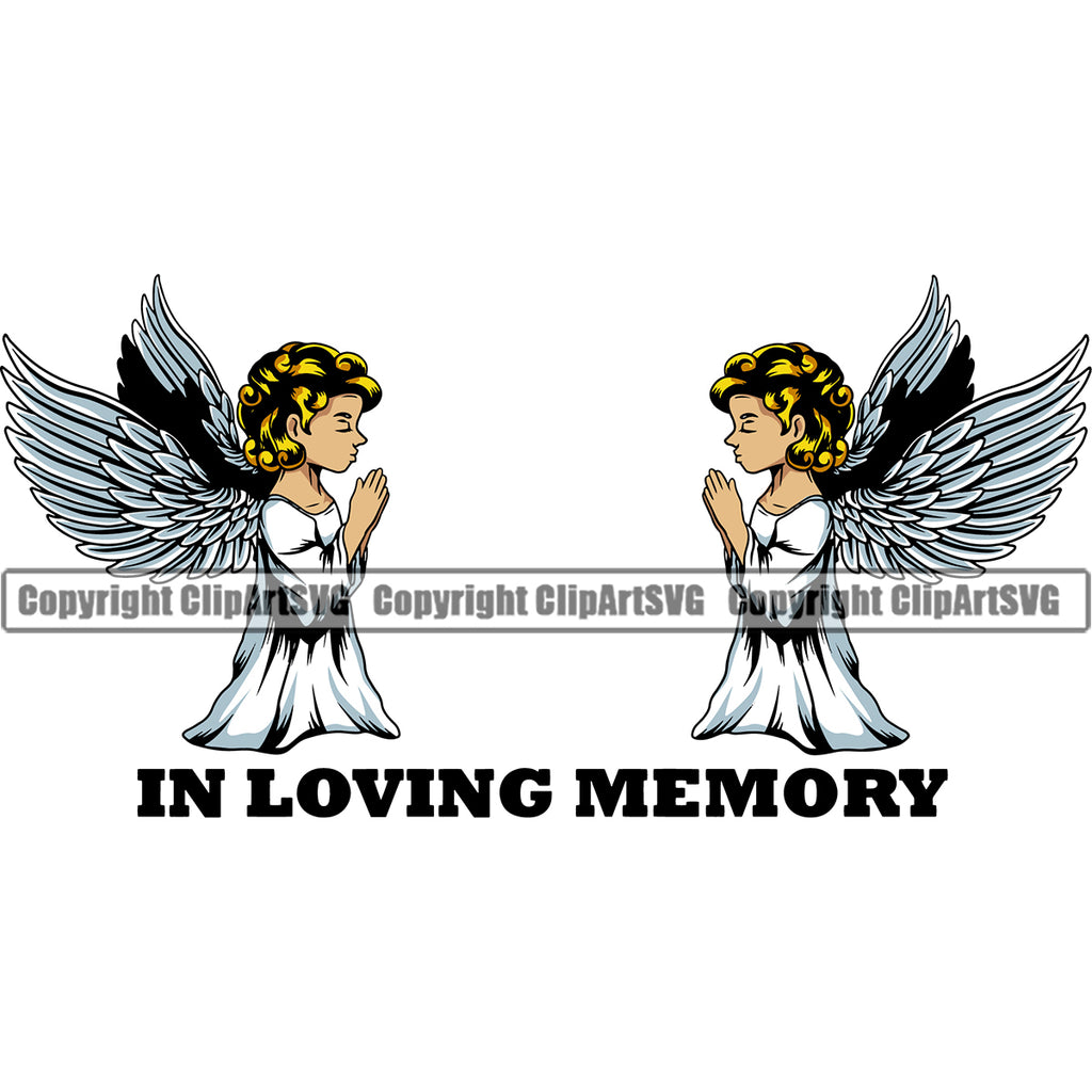 In Loving Memory Quote Mortuary Angle Wings Praying Design Element Science Funeral Burial Service Die Pass Away Cremate Cremation Death Morgue Autopsy Dead Body Corpse Cadaver Health Horror Design Logo Clipart SVG