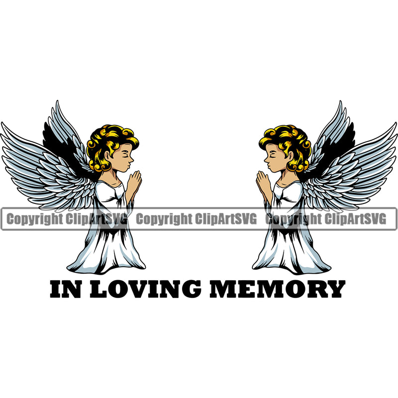 In Loving Memory Quote Mortuary Angle Wings Praying Design Element Science Funeral Burial Service Die Pass Away Cremate Cremation Death Morgue Autopsy Dead Body Corpse Cadaver Health Horror Design Logo Clipart SVG