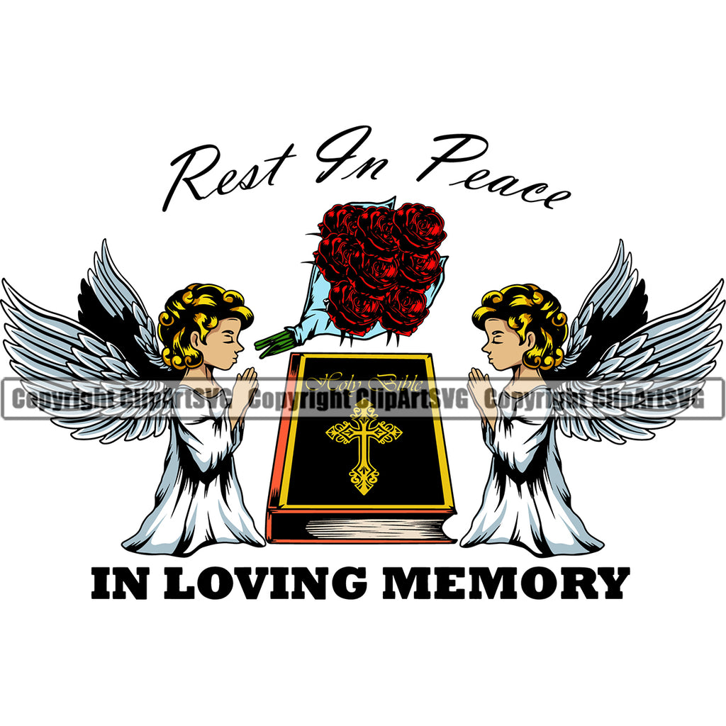 Rest In Peace In Loving Memory Quote Mortuary Angle Wings Bible And Flower Science Funeral Burial Service Die Pass Away Cremate Cremation Death Morgue Autopsy Dead Body Corpse Cadaver Health Horror Design Logo Clipart SVG