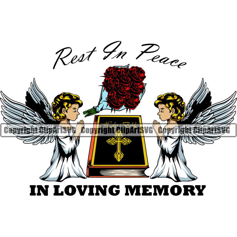 Rest In Peace In Loving Memory Quote Mortuary Angle Wings Bible And Flower Science Funeral Burial Service Die Pass Away Cremate Cremation Death Morgue Autopsy Dead Body Corpse Cadaver Health Horror Design Logo Clipart SVG