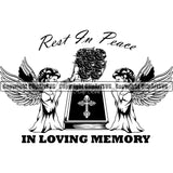 Rest In Peace In Loving Memory Quote Mortuary Angle Sitting Bible Holding Flower Science Funeral Burial Service Die Pass Away Cremate Cremation Death Morgue Autopsy Dead Body Corpse Cadaver Health Horror Design Logo Clipart SVG