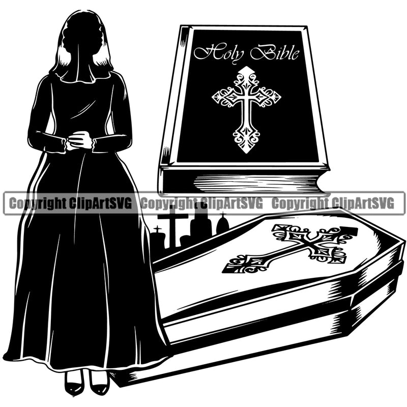 Mortuary Bible Coffin Morning Woman Design Element Science Funeral Burial Service Die Pass Away Cremate Cremation Death Morgue Autopsy Dead Body Corpse Cadaver Health Horror Design Logo Clipart SVG