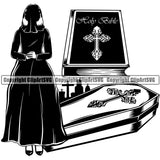 Mortuary Bible Coffin Morning Woman Design Element Science Funeral Burial Service Die Pass Away Cremate Cremation Death Morgue Autopsy Dead Body Corpse Cadaver Health Horror Design Logo Clipart SVG