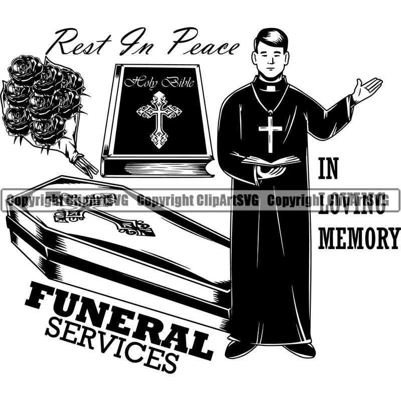 Rest In Peace In Loving Memory Funeral Services Mortuary Science Funeral Burial Service Die Pass Away Cremate Cremation Death Morgue Autopsy Dead Body Coffins Bible Corpse Cadaver Health Horror Design Logo Clipart SVG
