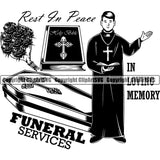 Rest In Peace In Loving Memory Funeral Services Mortuary Science Funeral Burial Service Die Pass Away Cremate Cremation Death Morgue Autopsy Dead Body Coffins Bible Corpse Cadaver Health Horror Design Logo Clipart SVG