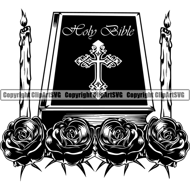 Mortuary Bible Roses Candle Logo Vector Design Element Science Funeral Burial Service Die Pass Away Cremate Cremation Death Morgue Autopsy Dead Body Corpse Cadaver Health Horror Design Logo Clipart SVG