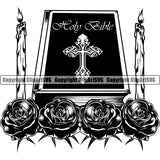 Mortuary Bible Roses Candle Logo Vector Design Element Science Funeral Burial Service Die Pass Away Cremate Cremation Death Morgue Autopsy Dead Body Corpse Cadaver Health Horror Design Logo Clipart SVG