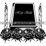 Mortuary Bible Roses Candle Logo Vector Design Element Science Funeral Burial Service Die Pass Away Cremate Cremation Death Morgue Autopsy Dead Body Cadaver Health Horror Logo Clipart SVG
