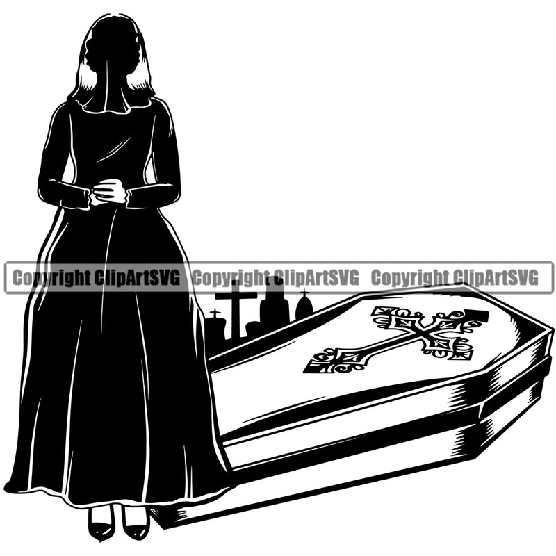 Mortuary Coffin Morning Woman Silhouette Design Element Science Funeral Burial Service Die Pass Away Cremate Cremation Death Morgue Autopsy Dead Body Corpse Cadaver Health Horror Design Logo Clipart SVG