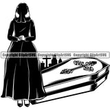 Mortuary Coffin Morning Woman Silhouette Design Element Science Funeral Burial Service Die Pass Away Cremate Cremation Death Morgue Autopsy Dead Body Corpse Cadaver Health Horror Design Logo Clipart SVG