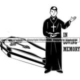 In Loving Memory Coffin Preacher Design Element Quote Mortuary Science Funeral Burial Service Die Pass Away Cremate Death Morgue Autopsy Dead Body Corpse Cadaver Health Horror Logo Clipart SVG