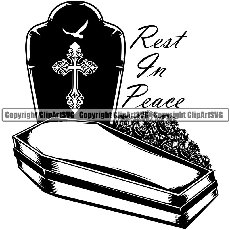 Rest In Peace Quote Mortuary Coffin Tombstone Roses Vector Design Element Science Funeral Burial Service Die Pass Away Cremate Cremation Death Morgue Autopsy Dead Body Corpse Cadaver Health Horror Logo Clipart SVG