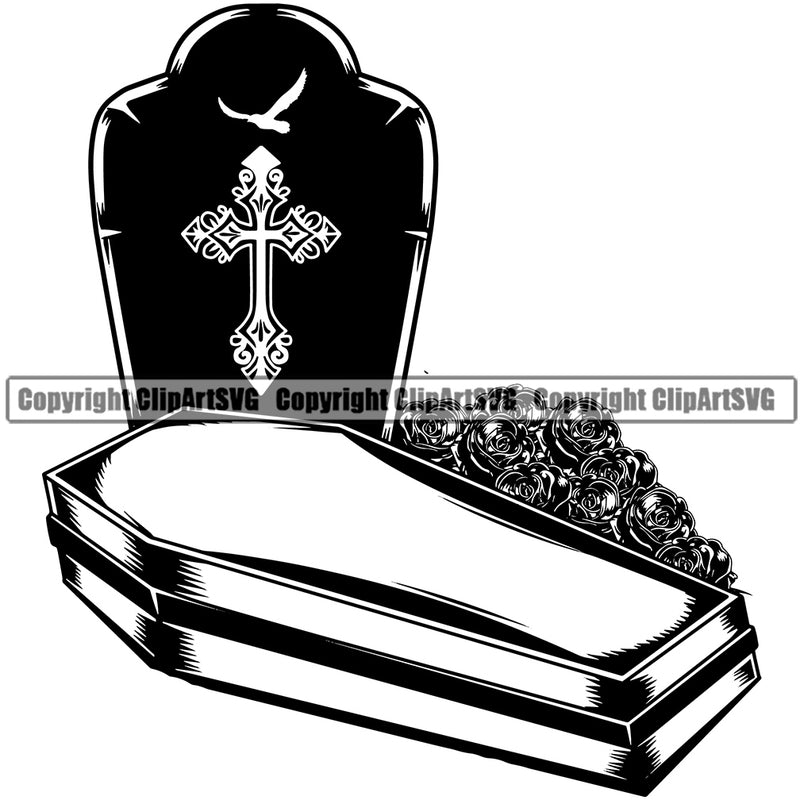 Mortuary Coffin Tombstone Roses Vector Design Element Science Funeral Burial Service Die Pass Away Cremate Cremation Death Morgue Autopsy Dead Body Corpse Cadaver Health Horror Logo Clipart SVG