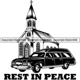 Rest In Peace Mortuary Hearse Church Vector Design Element Science Funeral Burial Service Die Pass Away Cremate Cremation Death Morgue Autopsy Dead Body Corpse Health Horror Logo Clipart SVG