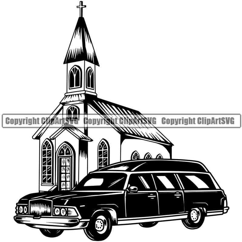 Mortuary Hearse Church House Logo Science Funeral Burial Service Die Pass Away Cremate Cremation Death Morgue Autopsy Dead Body Corpse Cadaver Health Horror Clipart SVG