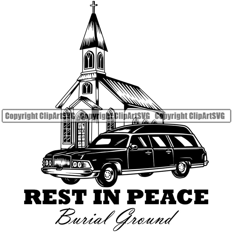 Rest In Peace Burial Ground Quote Mortuary Hearse Church Lobo Vector Design Element Science Funeral Burial Service Die Pass Away Cremate Cremation Death Morgue Autopsy Dead Body Corpse Cadaver Health Horror Clipart SVG