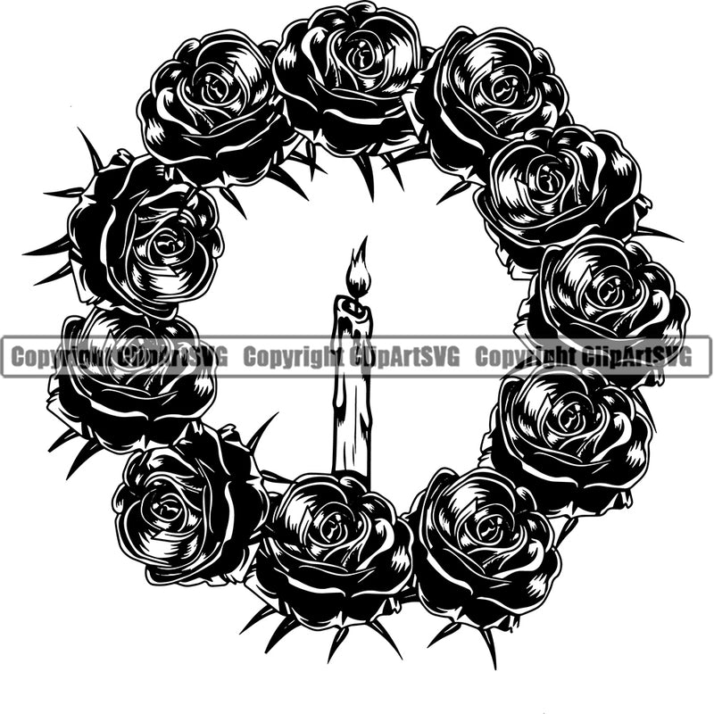 Roses Candle Logo Mortuary White Background Science Funeral Burial Service Die Pass Away Cremate Cremation Death Morgue Autopsy Dead Body Corpse Cadaver Health Horror Design Logo Clipart SVG