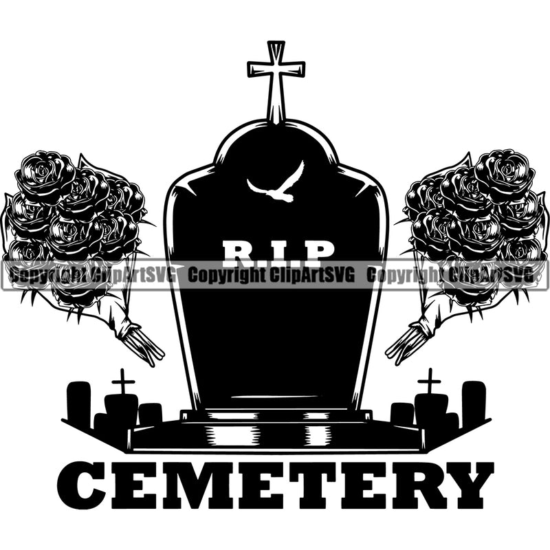 Cemetery  Mortuary Side Roses Design Element Science Funeral Burial Service Die Pass Away Cremate Cremation Death Morgue Autopsy Dead Body Corpse Cadaver Health Horror Logo Clipart SVG