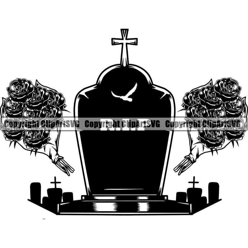 Rip Quote Mortuary Side Roses Design Element Science Funeral Burial Service Die Pass Away Cremate Cremation Death Morgue Autopsy Dead Body Corpse Cadaver Health Horror Design Logo Clipart SVG