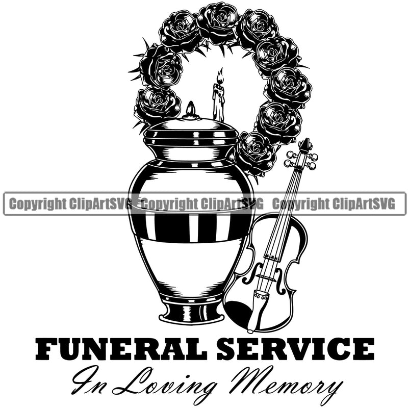Funeral Service In Loving Memory Quote Mortuary Urn Candle Roses Violin Logo Vector Design Element Science Funeral Burial Service Die Pass Away Cremate Cremation Death Morgue Autopsy Dead Body Corpse Cadaver Health Horror Logo Clipart SVG