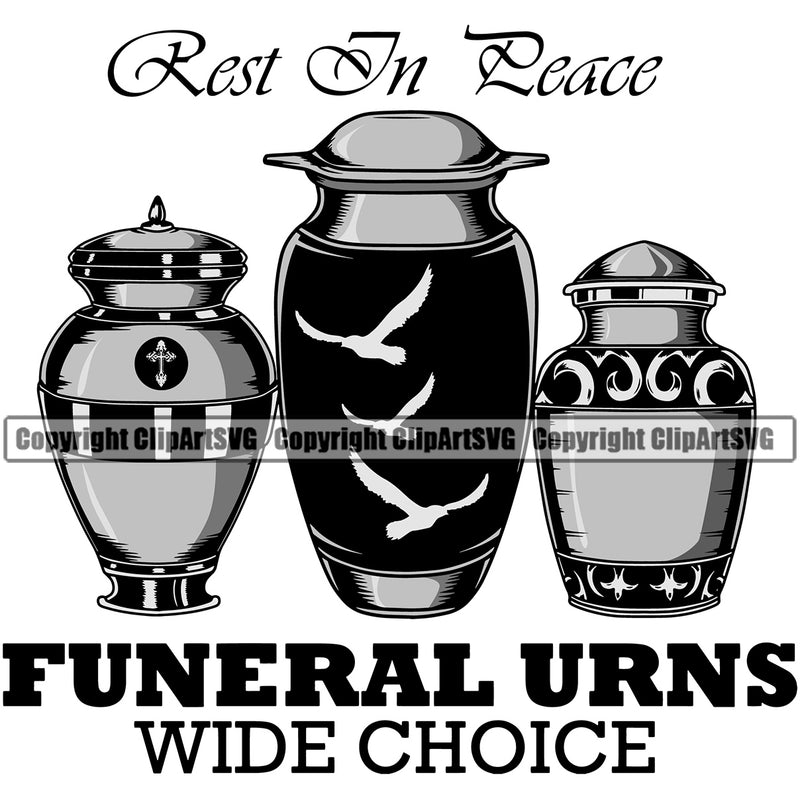 Rest In Peace Funeral Urns Wide Choice Quote Mortuary Urn Bird Logo Vector Design Element Science Funeral Burial Service Die Pass Away Cremate Cremation Death Morgue Autopsy Dead Body Corpse Cadaver Health Horror Logo Clipart SVG